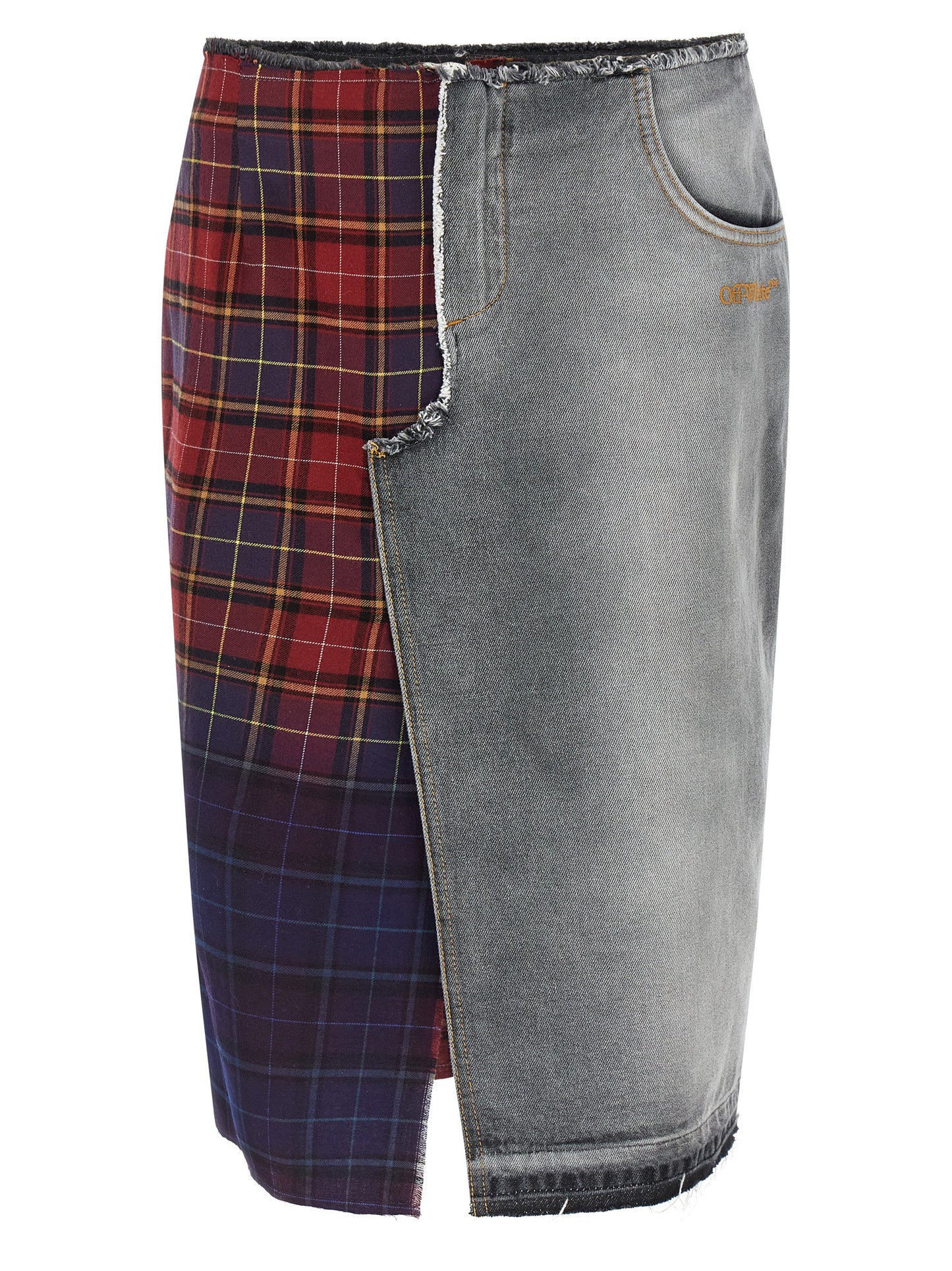 Skirt by Off-White for women in cotton denim multicolor, white, print & patchwork features an relaxed-yet-refined silhouette that elegantly showcases the Women's Denim Cotton Skirt design and sophisticated midi.