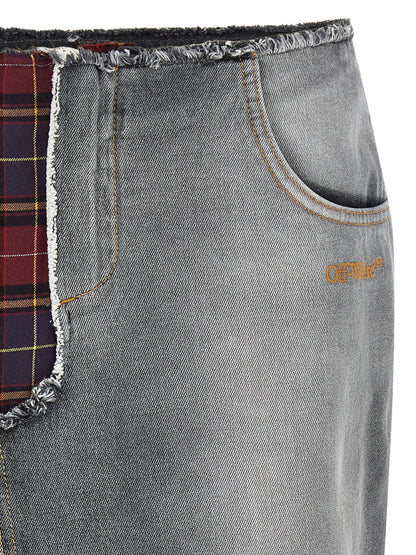 Skirt by Off-White for women in cotton denim multicolor, white, print & patchwork showcases a sultry silhouette, elegantly defined by its midi and the sophisticated sultry design of the Women's Denim Cotton Skirt.