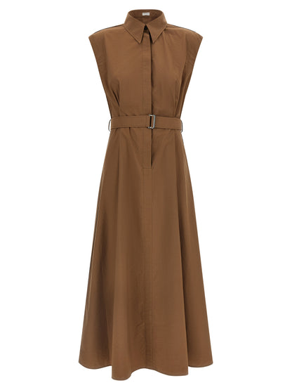 Dress by Brunello Cucinelli for women in polyamide cotton brown showcases a striking silhouette, elegantly detailed with a sleeveless, refined , and a striking midi for a striking finish.