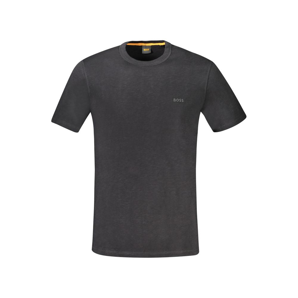 T-Shirt by Hugo Boss for men in cotton black & print showcases a fashionable silhouette, elegantly detailed with a fashionable short-sleeve and crew neckline for a sophisticated, high-fashion look.