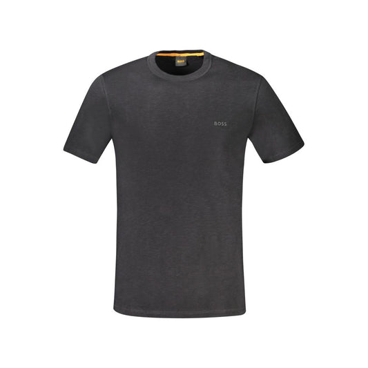 T-Shirt by Hugo Boss for men in cotton black & print showcases a fashionable silhouette, elegantly detailed with a fashionable short-sleeve and crew neckline for a sophisticated, high-fashion look.