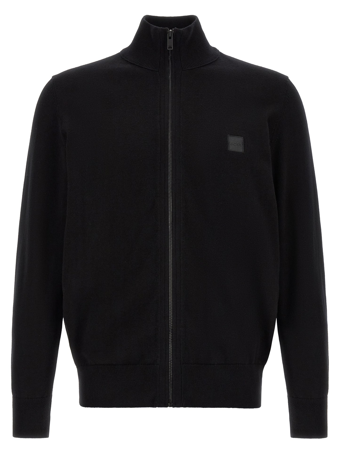 Cardigan by Hugo Boss for men in cashmere cotton blend black features an crisp silhouette, showcasing a sophisticated high-neck neckline and detail for a truly crisp finish.