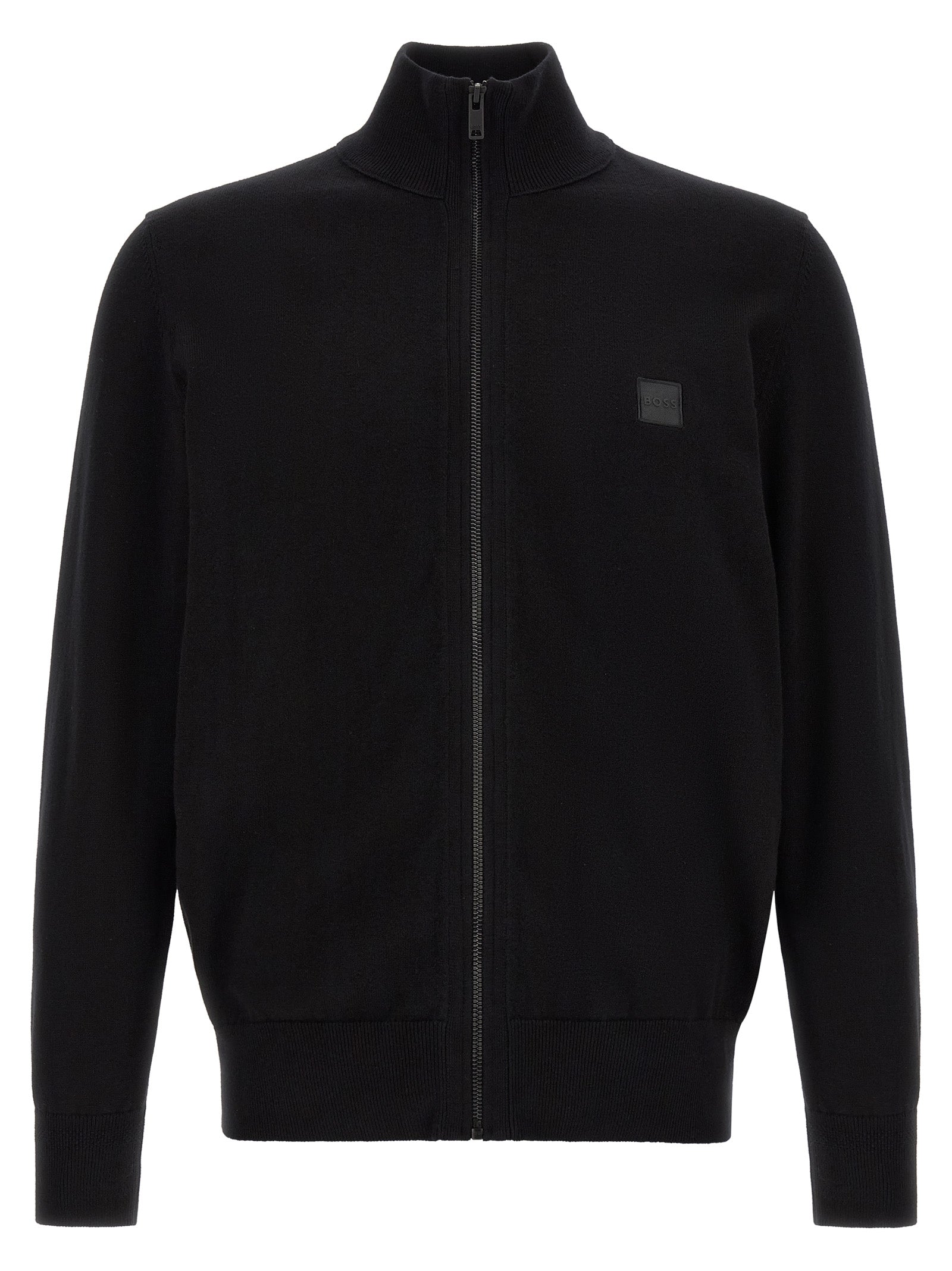 Cardigan by Hugo Boss for men in cashmere cotton blend black features an crisp silhouette, showcasing a sophisticated high-neck neckline and detail for a truly crisp finish.