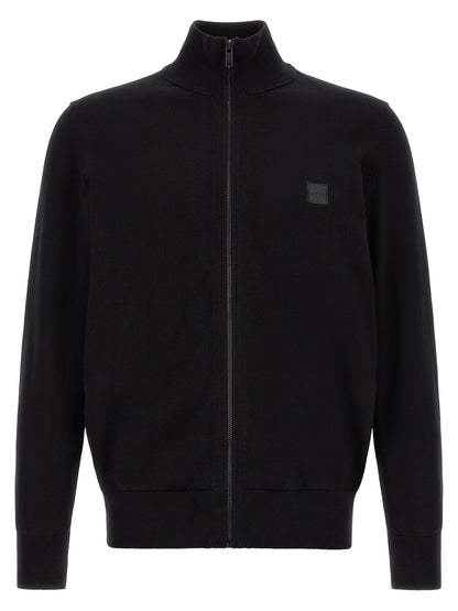 Cardigan by Hugo Boss for men in cashmere cotton blend black features an crisp silhouette, showcasing a sophisticated high-neck neckline and detail for a truly crisp finish.