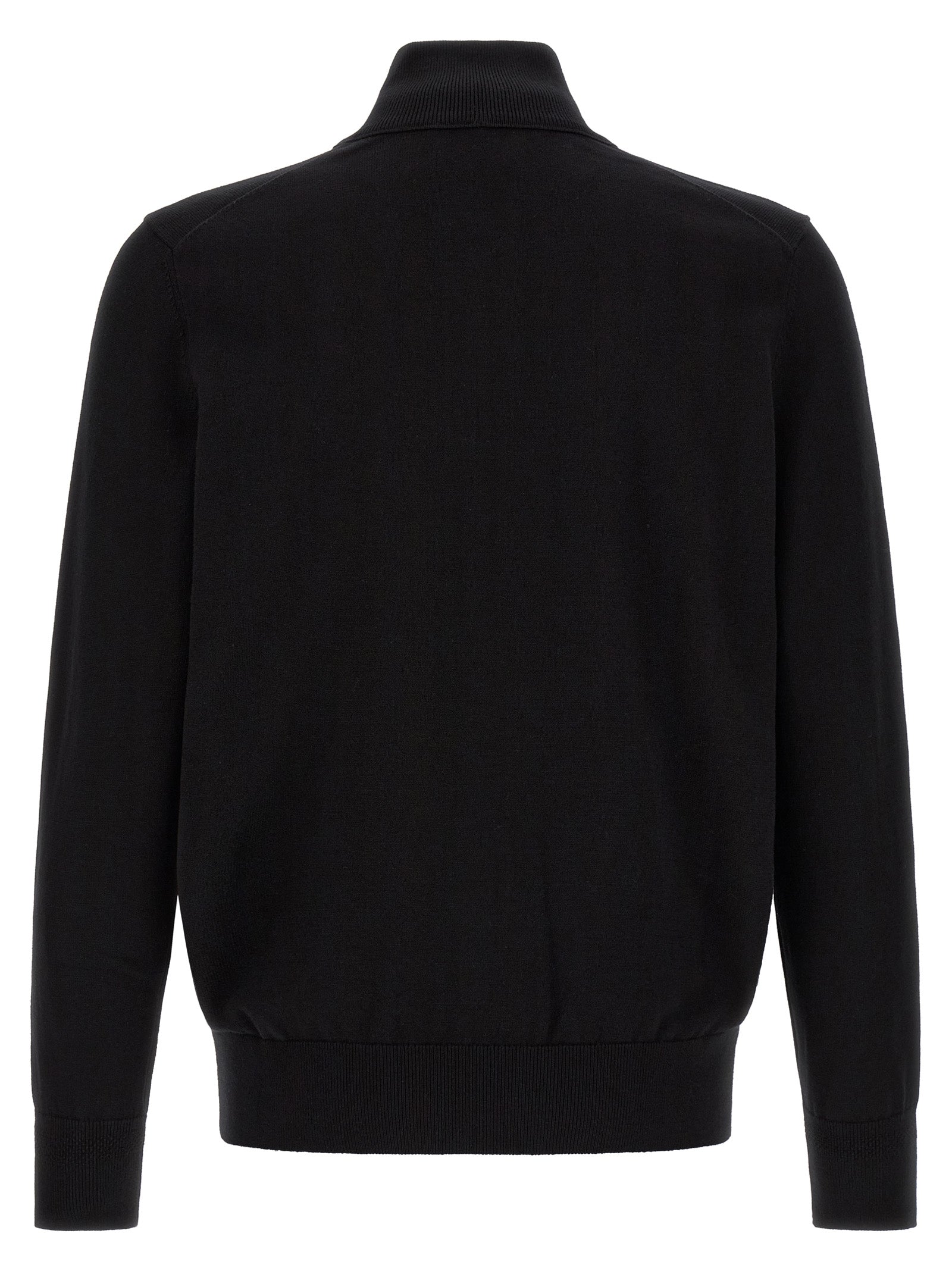 Cardigan by Hugo Boss for men in cashmere cotton blend black presents a textural silhouette, artfully finished with a textural high-neck neckline and for a sophisticated, textural look.