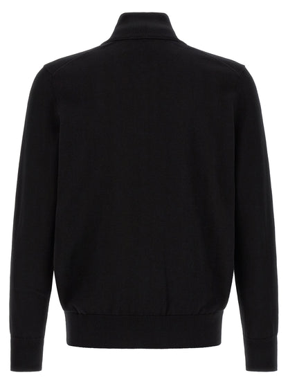 Cardigan by Hugo Boss for men in cashmere cotton blend black presents a textural silhouette, artfully finished with a textural high-neck neckline and for a sophisticated, textural look.