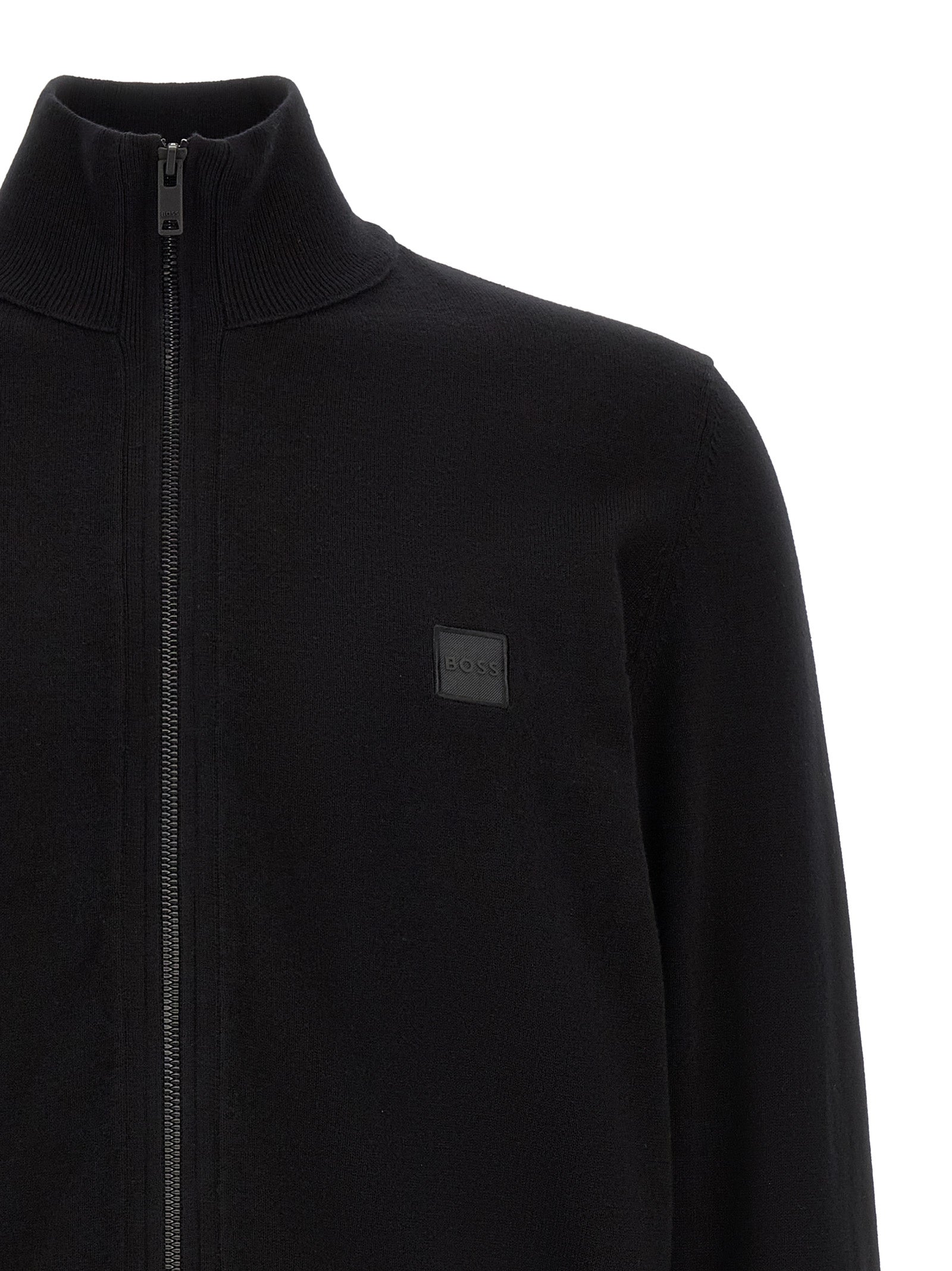 Cardigan by Hugo Boss for men in cashmere cotton blend black showcases a luxurious silhouette, meticulously detailed with a sophisticated high-neck neckline and for a refined finish.