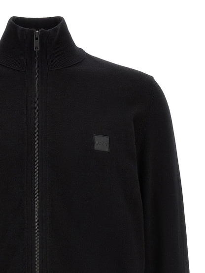 Cardigan by Hugo Boss for men in cashmere cotton blend black showcases a luxurious silhouette, meticulously detailed with a sophisticated high-neck neckline and for a refined finish.