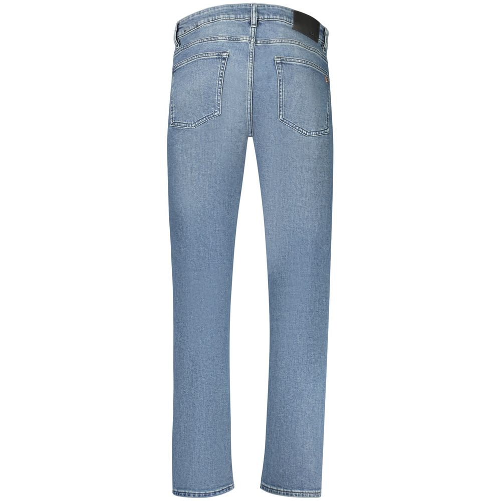 Jeans by Hugo Boss for men in stretch denim cotton blue & signature features a polished silhouette with a polished slim, reaching a polished long and finished with a polished .