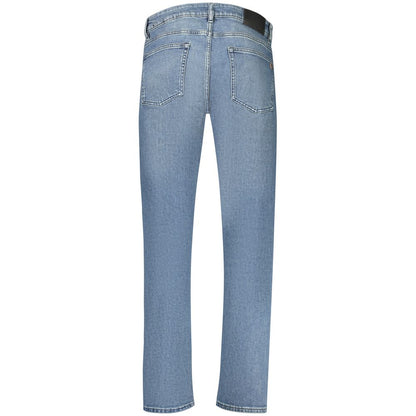 Jeans by Hugo Boss for men in stretch denim cotton blue & signature features a polished silhouette with a polished slim, reaching a polished long and finished with a polished .