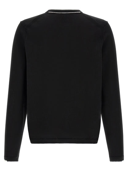 Cardigan by Hugo Boss for men in cotton black & white features a dramatic silhouette, showcasing a sophisticated crew neckline and dramatic detail for a timeless, premium look.