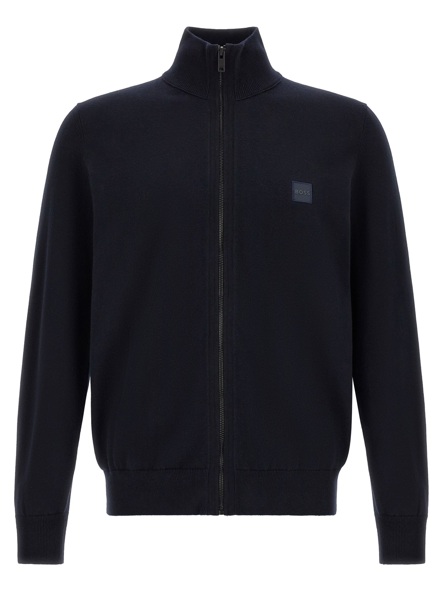 Cardigan by Hugo Boss for men in cotton & cashmere blue features an crisp silhouette, showcasing a sophisticated square high-neck neckline and detail for a truly crisp finish.