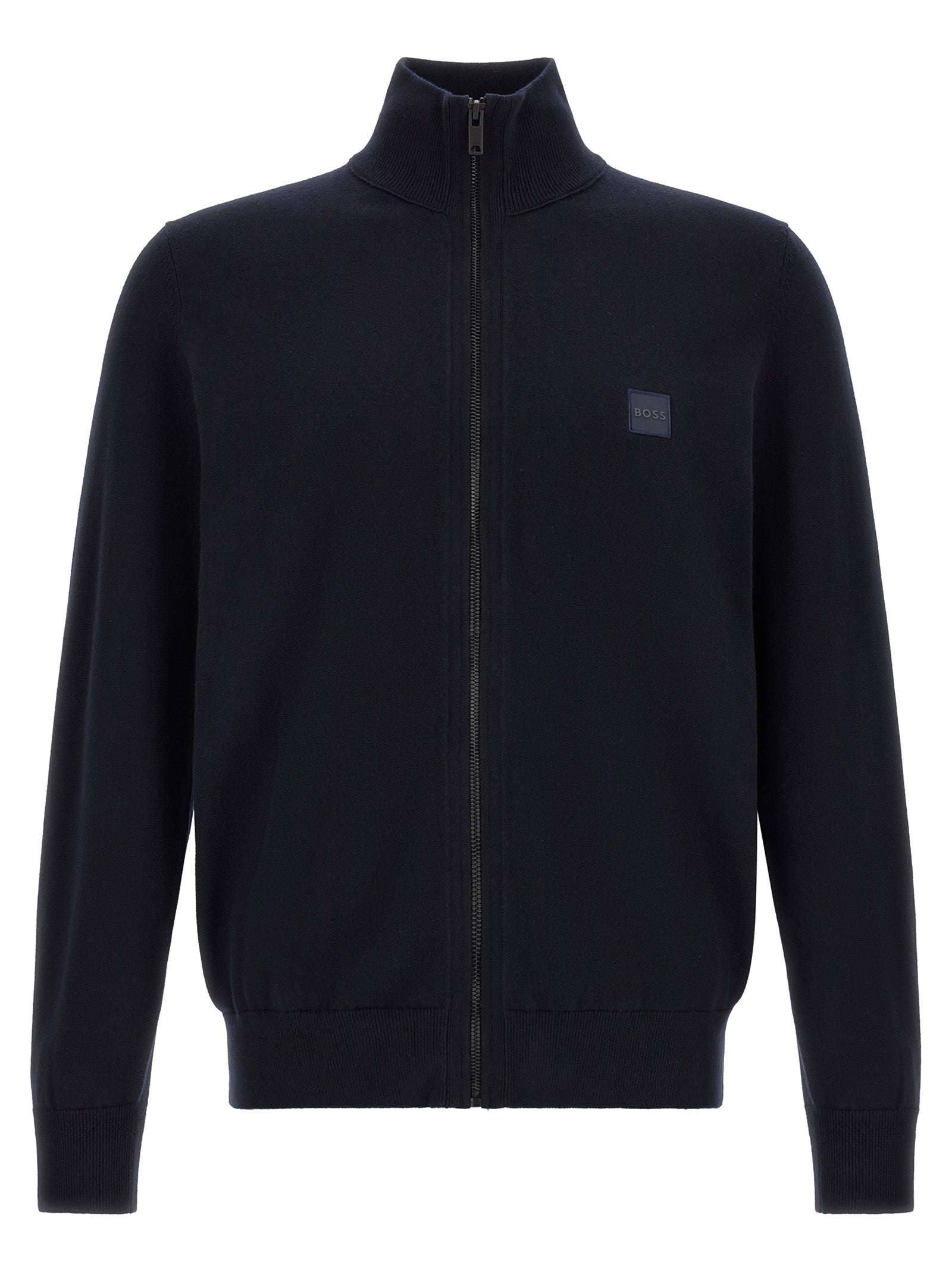Cardigan by Hugo Boss for men in cotton & cashmere blue features an crisp silhouette, showcasing a sophisticated square high-neck neckline and detail for a truly crisp finish.