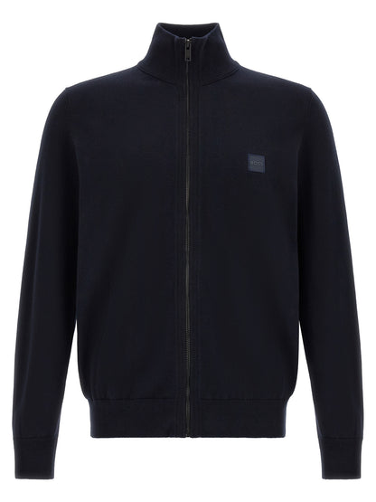 Cardigan by Hugo Boss for men in cotton & cashmere blue features an crisp silhouette, showcasing a sophisticated square high-neck neckline and detail for a truly crisp finish.