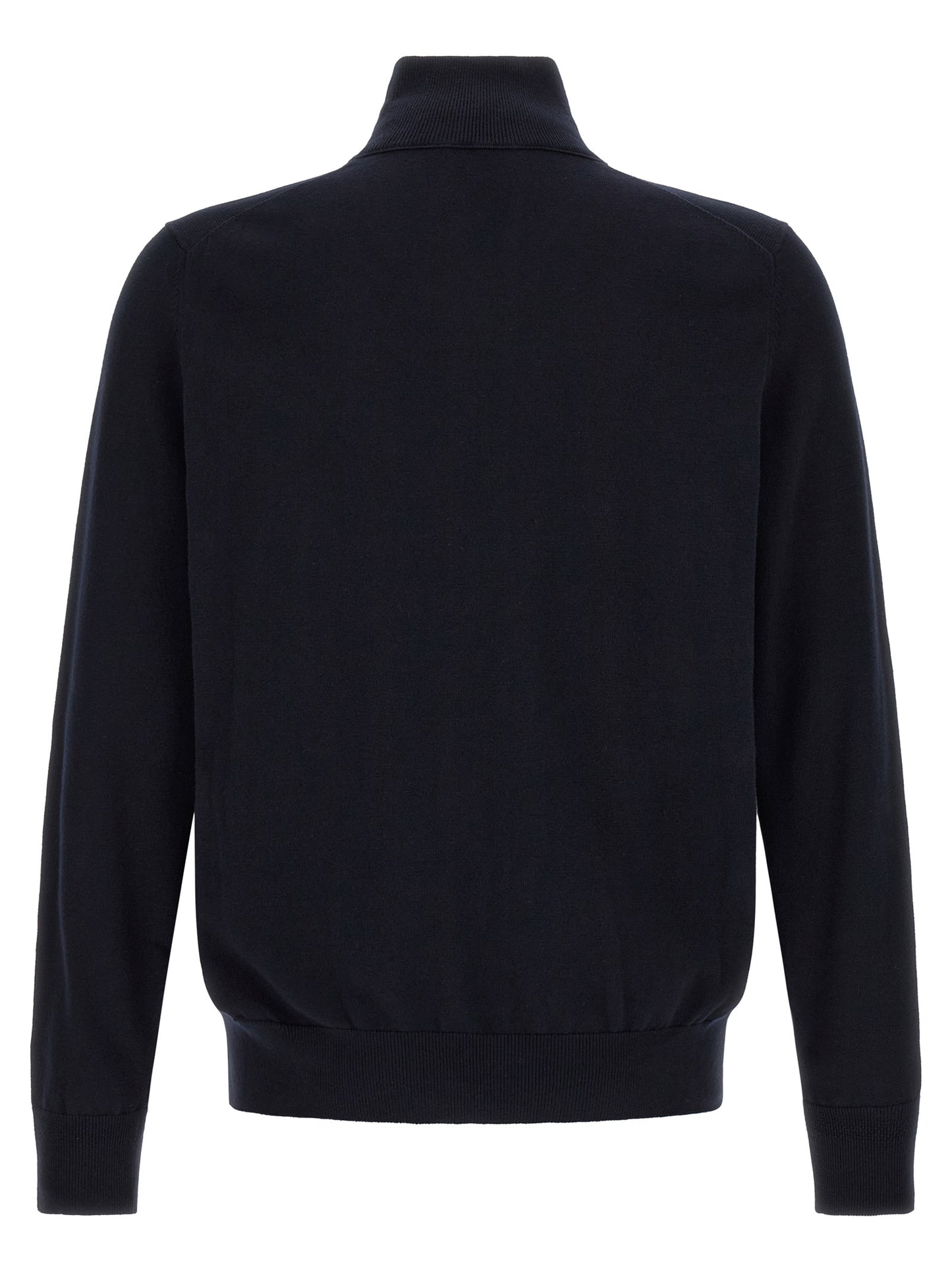 Cardigan by Hugo Boss for men in cotton & cashmere blue showcases a luxurious silhouette, meticulously detailed with a sophisticated square high-neck neckline and for a refined finish.