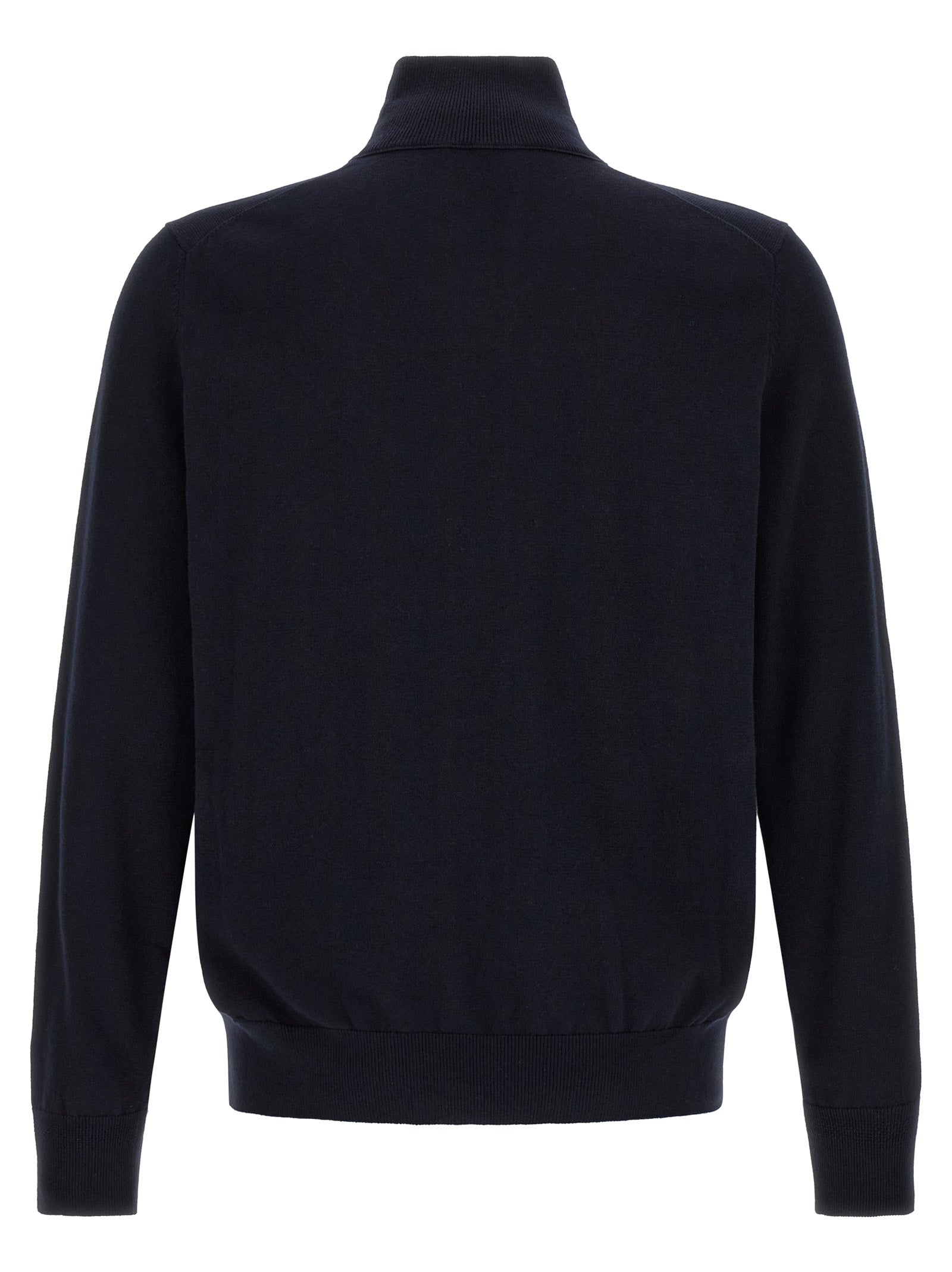 Cardigan by Hugo Boss for men in cotton & cashmere blue showcases a luxurious silhouette, meticulously detailed with a sophisticated square high-neck neckline and for a refined finish.
