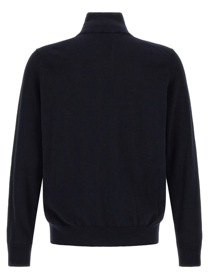 Cardigan by Hugo Boss for men in cotton & cashmere blue showcases a luxurious silhouette, meticulously detailed with a sophisticated square high-neck neckline and for a refined finish.