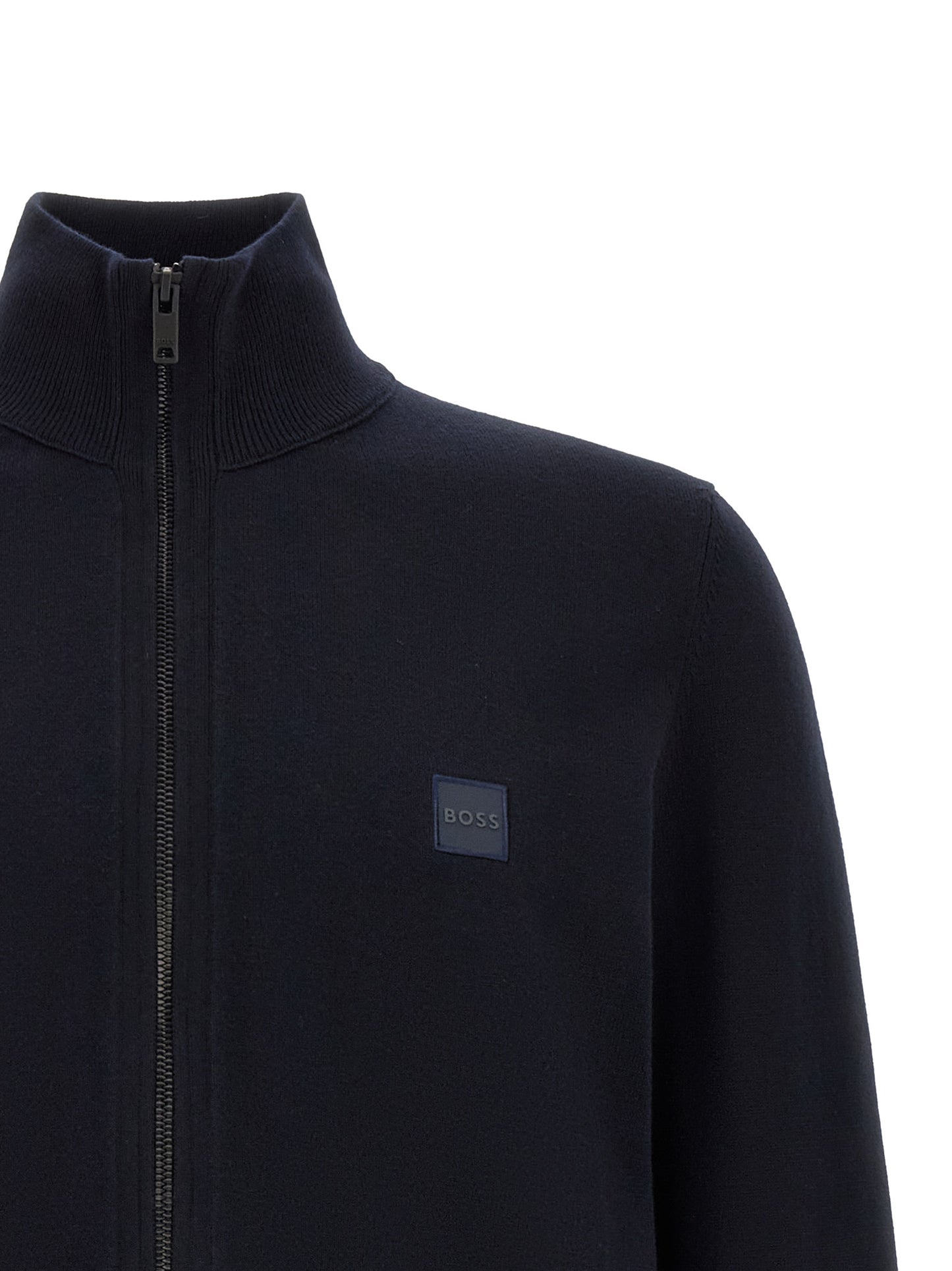 Cardigan by Hugo Boss for men in cotton & cashmere blue presents a textural silhouette, artfully finished with a textural square high-neck neckline and for a sophisticated, textural look.