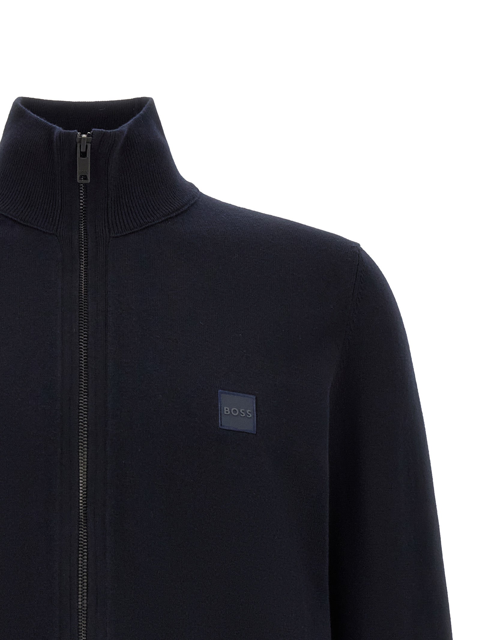Cardigan by Hugo Boss for men in cotton & cashmere blue presents a textural silhouette, artfully finished with a textural square high-neck neckline and for a sophisticated, textural look.