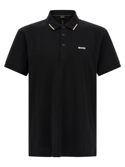 Polo Shirt by Hugo Boss for men in stretch cotton black, signature & monogram presents a sleek silhouette, featuring a refined and for a sleek finish.