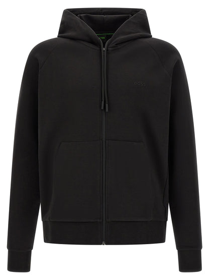 Sweatshirt Hoodie by Hugo Boss for men in stretch cotton black features a slouchy chic silhouette, detailed with a slouchy chic and a signature hooded neckline for an elevated aesthetic.