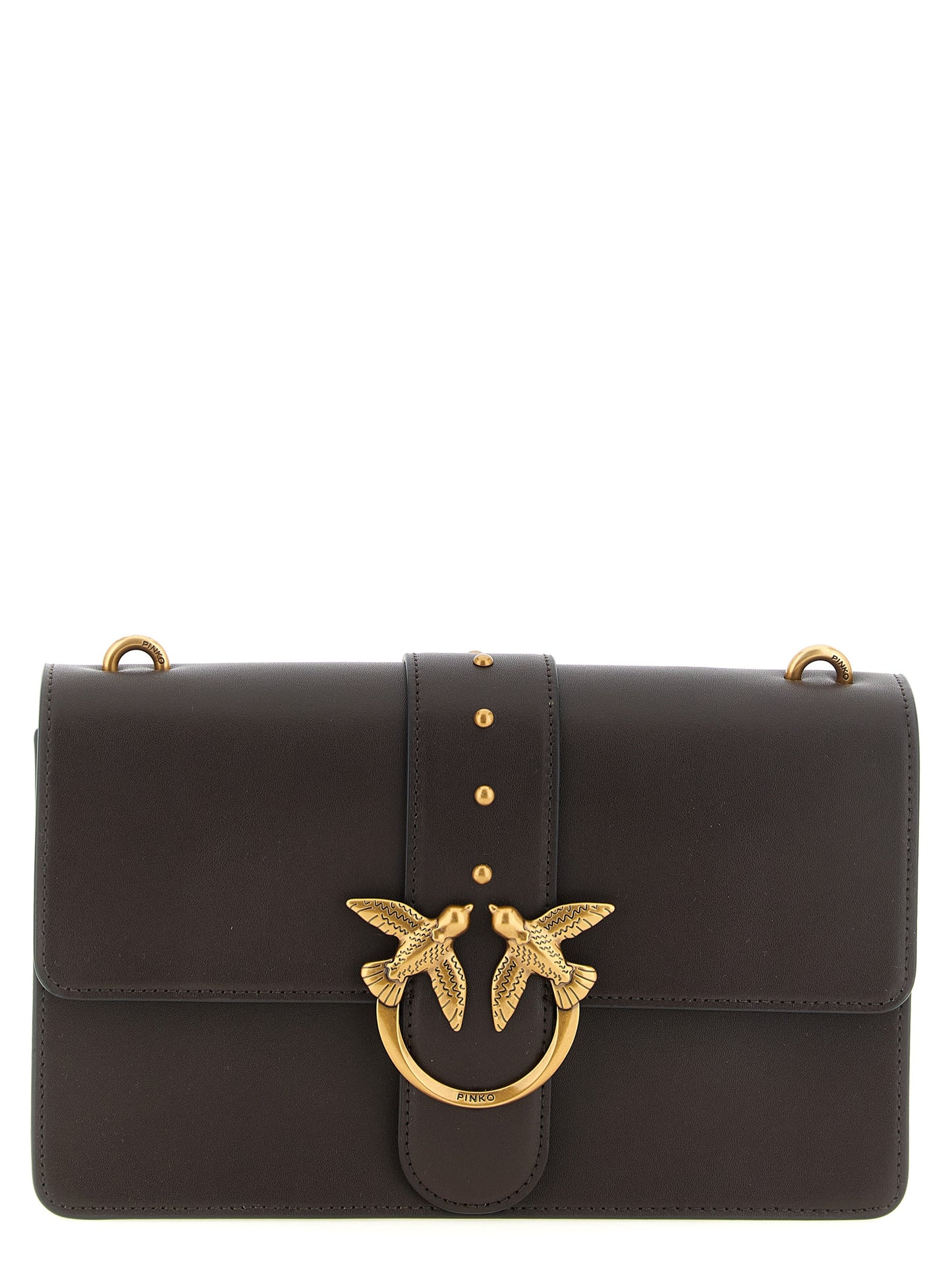 Crossbody Flap Handbag by PINKO for women in canvas & calfskin leather brown & gold features a transformative sophistication silhouette, showcasing a secure flap & buckle, ample , and versatile crossbody-strap, shoulder-strap & adjustable-strap for a transformative sophistication look.