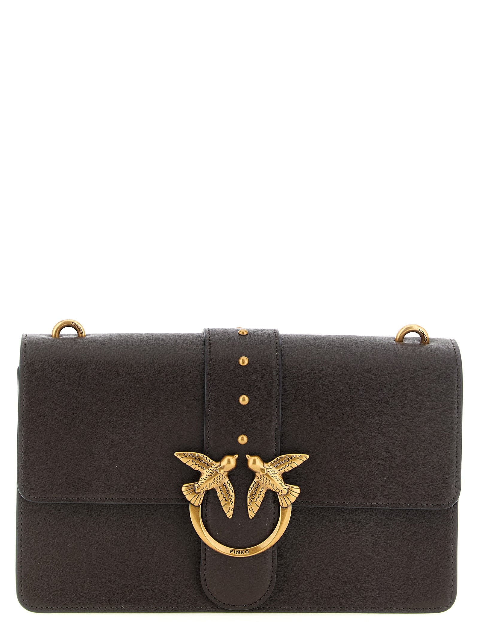 Crossbody Flap Handbag by PINKO for women in canvas & calfskin leather brown & gold features a transformative sophistication silhouette, showcasing a secure flap & buckle, ample , and versatile crossbody-strap, shoulder-strap & adjustable-strap for a transformative sophistication look.