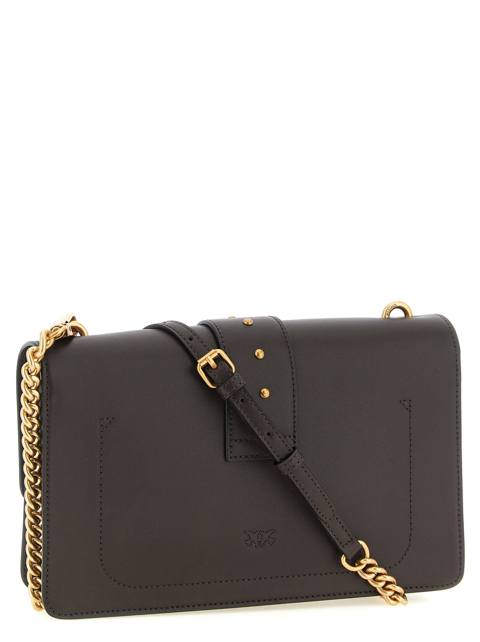 Crossbody Flap Handbag by PINKO for women in canvas & calfskin leather brown & gold features an versatile silhouette, showcasing a secure flap & buckle and versatile with versatile crossbody-strap, shoulder-strap & adjustable-strap for a versatile finish.