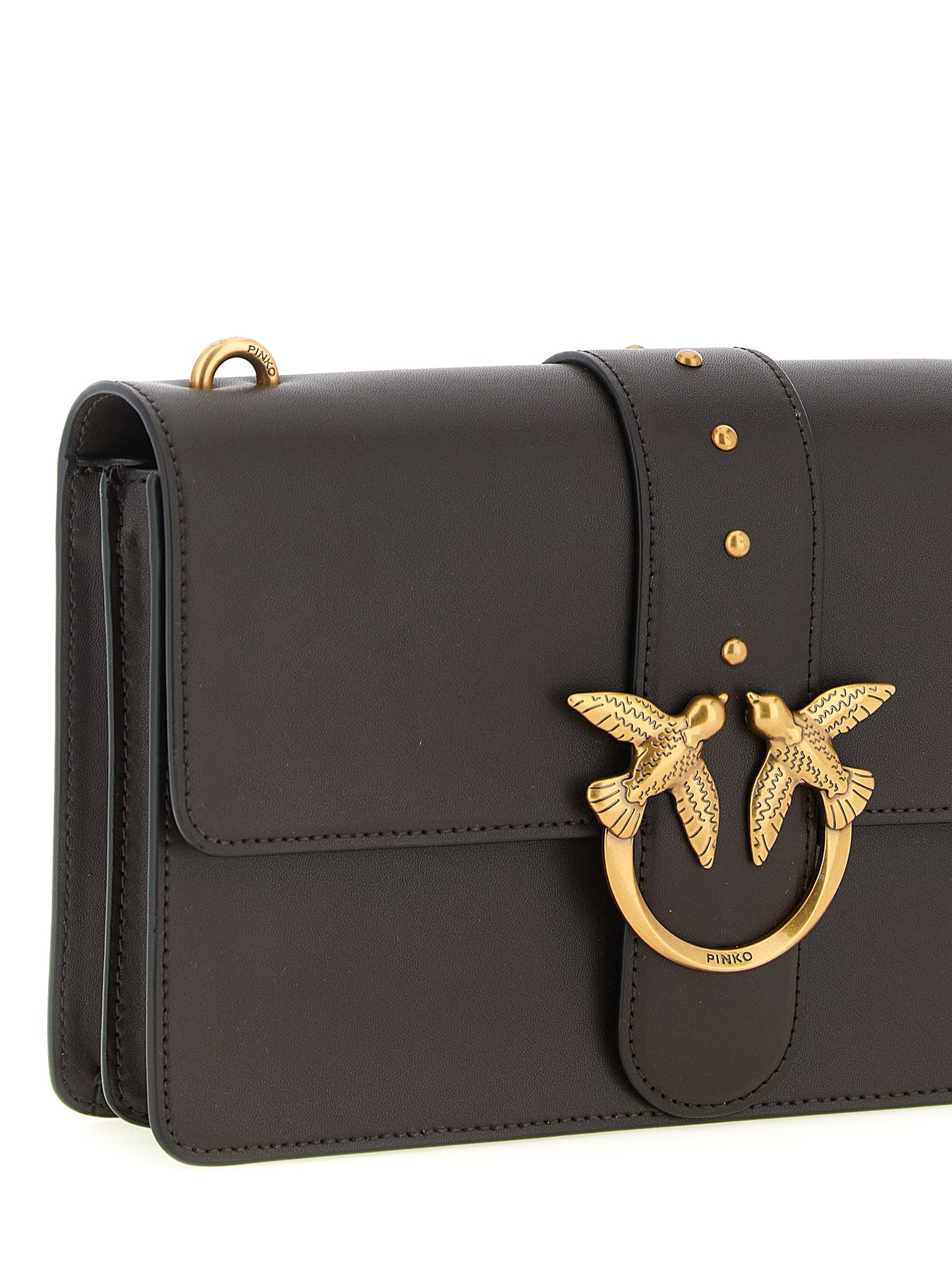 Crossbody Flap Handbag by PINKO for women in canvas & calfskin leather brown & gold features an multi-faceted design with a secure flap & buckle, ample , and versatile crossbody-strap, shoulder-strap & adjustable-strap for a multi-faceted finish.