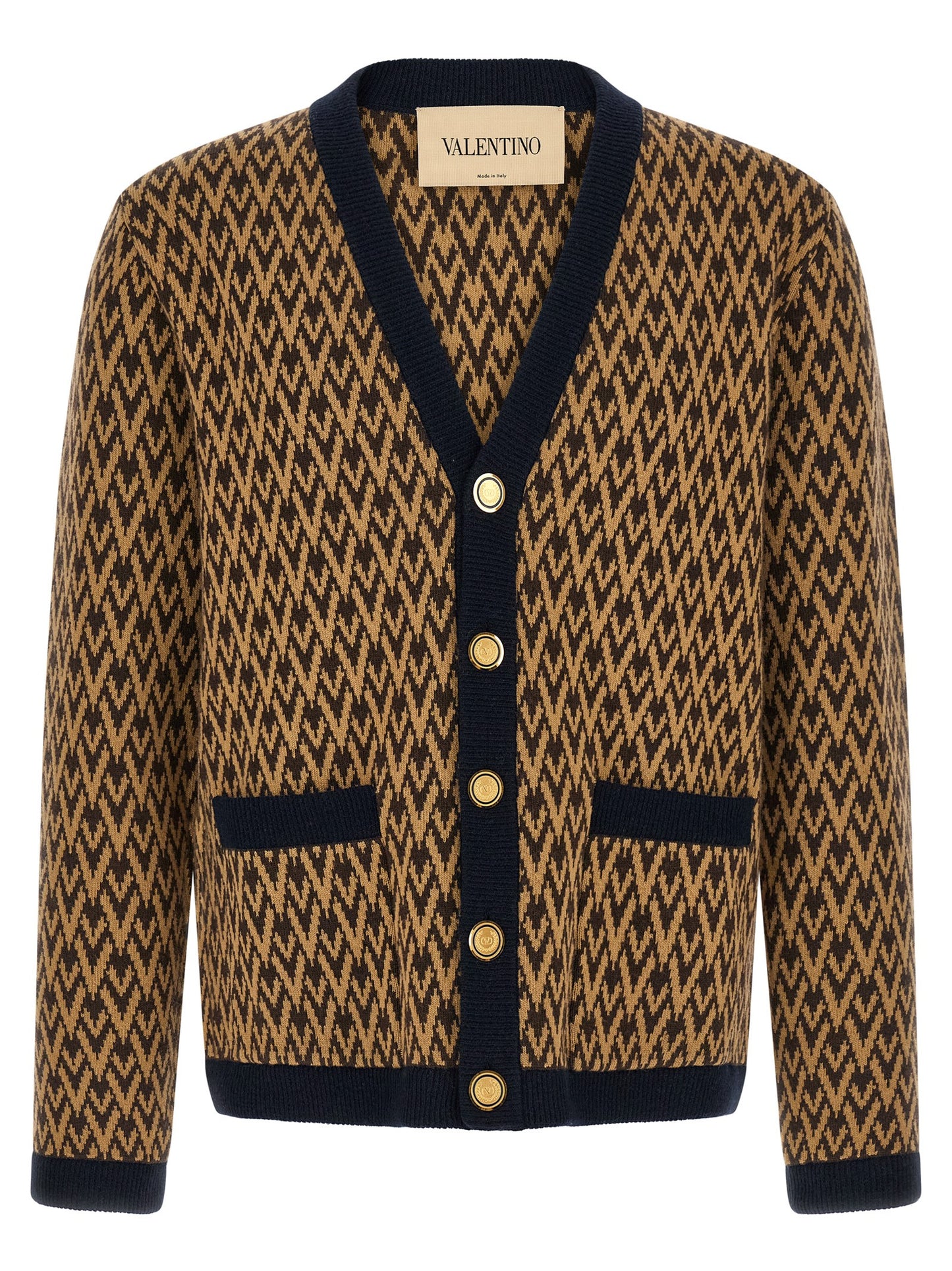 Cardigan by Valentino Garavani for men in cashmere camel, dark-blue, gold, multicolor, patterned, jacquard & signature presents a textural silhouette, artfully finished with a textural v-neck neckline and for a sophisticated, textural look.