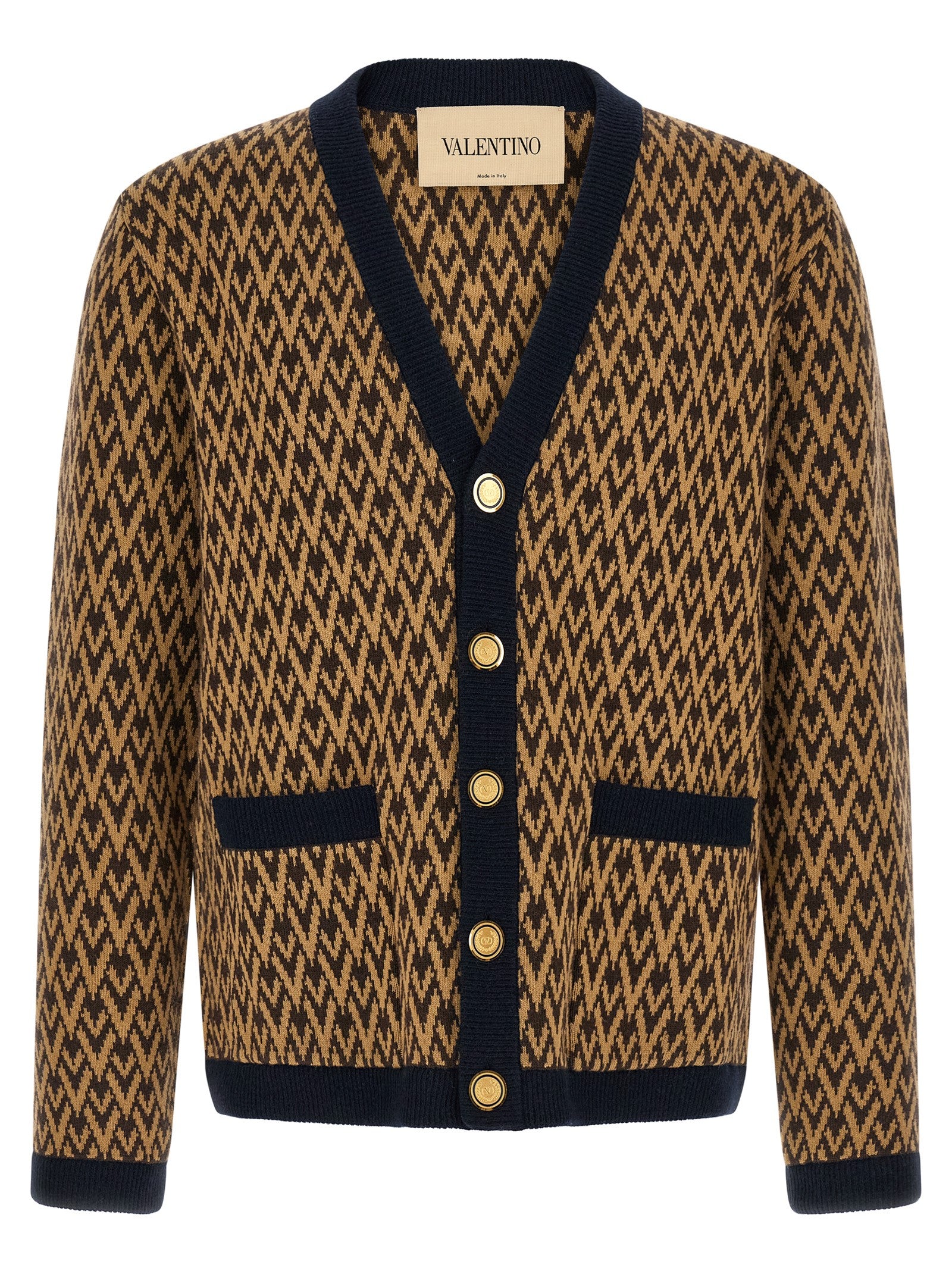 Cardigan by Valentino Garavani for men in cashmere camel, dark-blue, gold, multicolor, patterned, jacquard & signature presents a textural silhouette, artfully finished with a textural v-neck neckline and for a sophisticated, textural look.