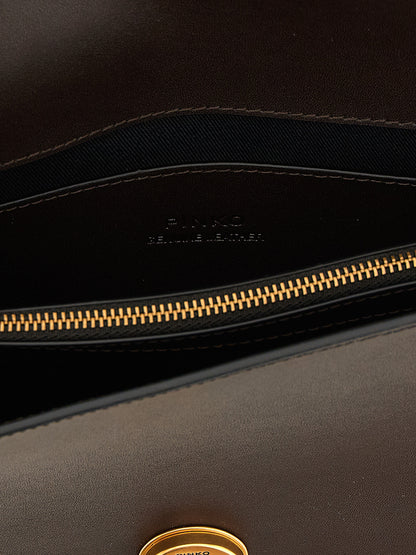 Crossbody Flap Handbag by PINKO for women in canvas & calfskin leather brown & gold features a transformative sophistication silhouette, showcasing a secure flap & buckle, ample , and versatile crossbody-strap, shoulder-strap & adjustable-strap for a transformative sophistication look.