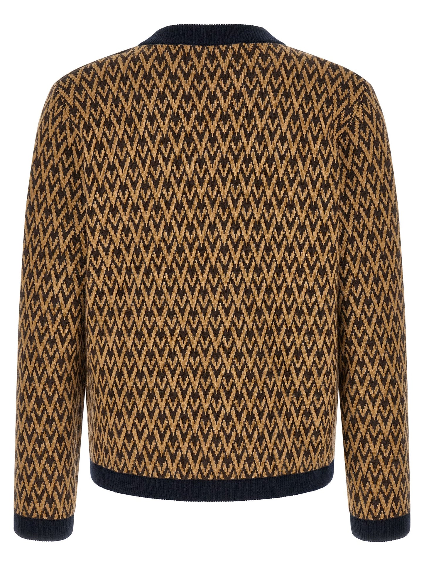 Cardigan by Valentino Garavani for men in cashmere camel, dark-blue, gold, multicolor, patterned, jacquard & signature features an impeccable silhouette, showcasing a sophisticated v-neck neckline and detail for a truly impeccable finish.
