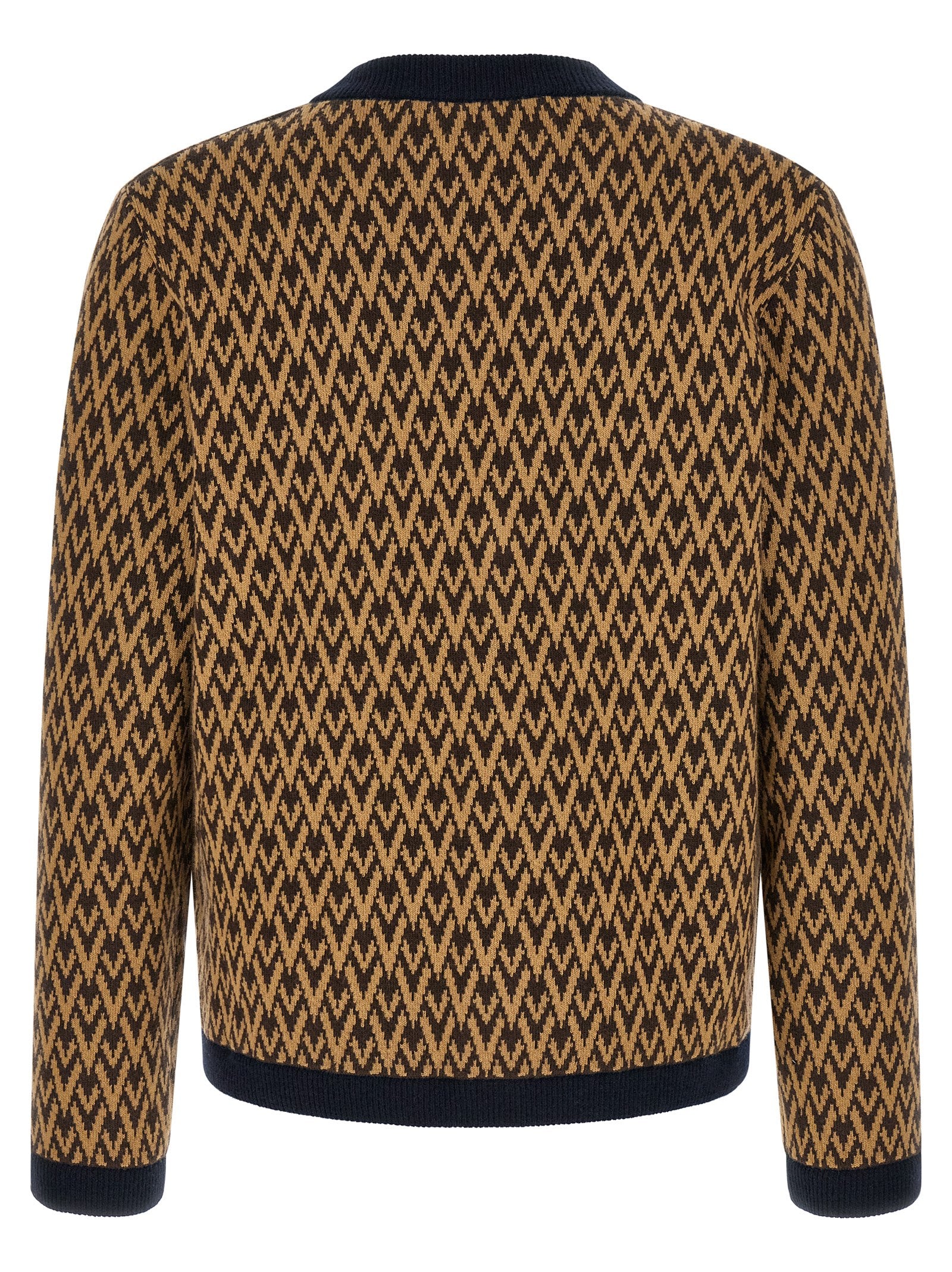 Cardigan by Valentino Garavani for men in cashmere camel, dark-blue, gold, multicolor, patterned, jacquard & signature features an impeccable silhouette, showcasing a sophisticated v-neck neckline and detail for a truly impeccable finish.