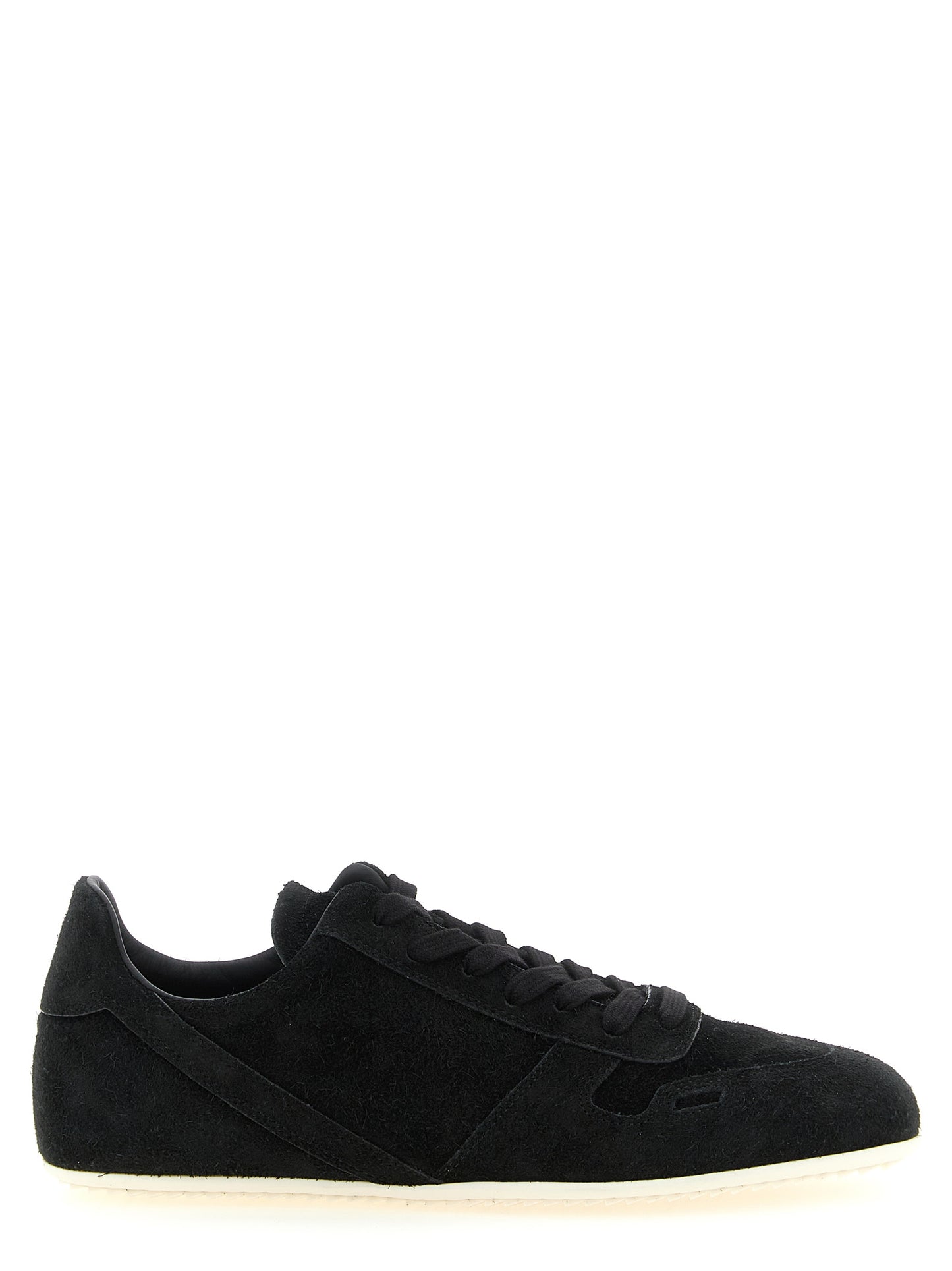 Sneakers by Rick Owens for men in calfskin suede leather bicolour, black & white presents a impeccable silhouette as Men's Low Top Calfskin Suede Leather Sneakers, expertly defined by a impeccable low-top style for a impeccable, high-fashion look.