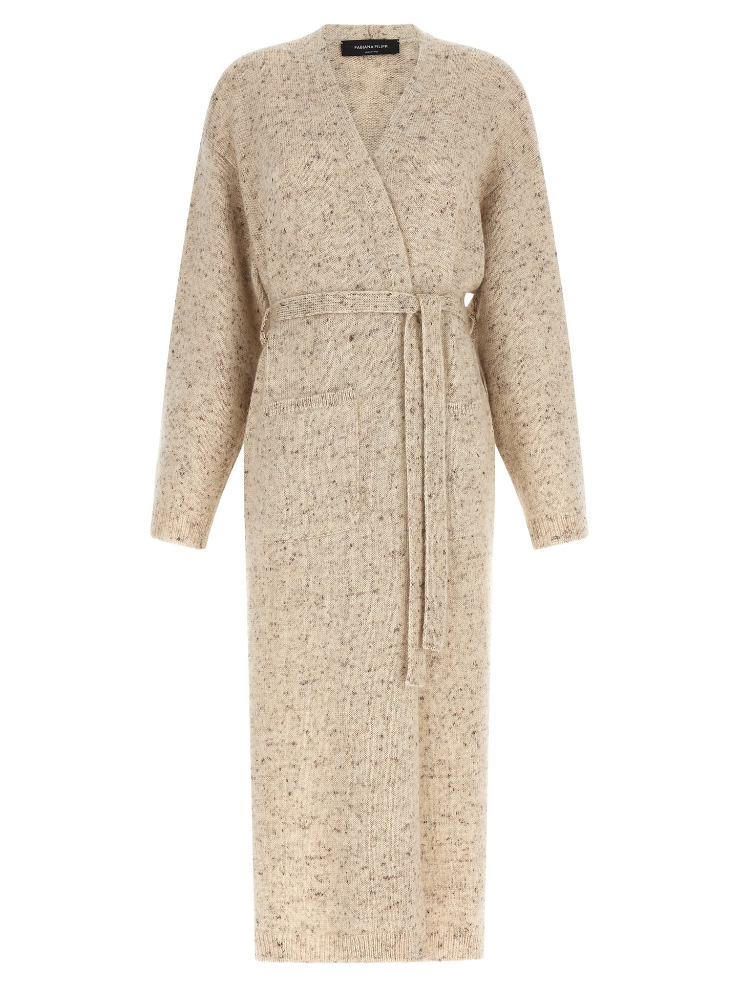 Cardigan by Fabiana Filippi for women in linen alpaca wool mohair & viscose beige features a dramatic silhouette, showcasing a sophisticated wrap v-neck neckline and dramatic detail for a timeless, premium look.