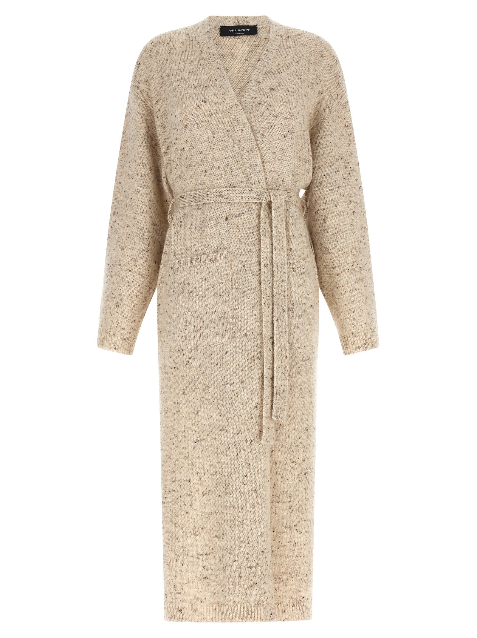 Cardigan by Fabiana Filippi for women in linen alpaca wool mohair & viscose beige features a dramatic silhouette, showcasing a sophisticated wrap v-neck neckline and dramatic detail for a timeless, premium look.