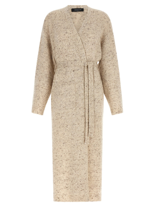 Cardigan by Fabiana Filippi for women in linen alpaca wool mohair & viscose beige features a dramatic silhouette, showcasing a sophisticated wrap v-neck neckline and dramatic detail for a timeless, premium look.