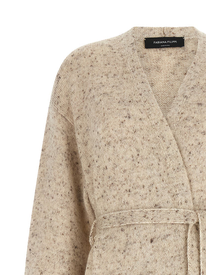 Cardigan by Fabiana Filippi for women in linen alpaca wool mohair & viscose beige presents a textural silhouette, artfully finished with a textural wrap v-neck neckline and for a sophisticated, textural look.
