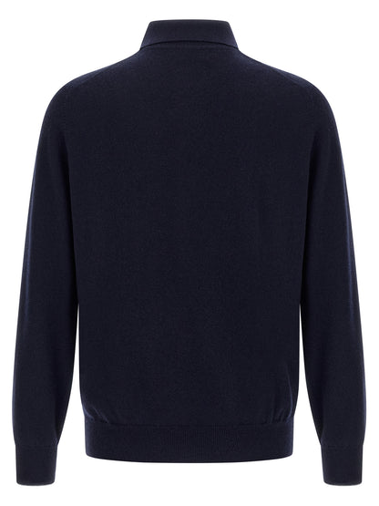 Polo Shirt by Brunello Cucinelli for men in cashmere blue presents a sleek silhouette, featuring a refined and for a sleek finish.