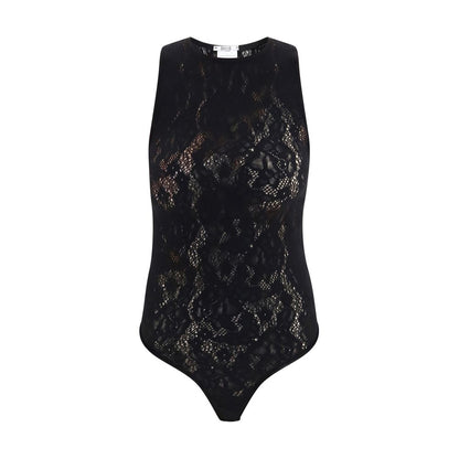 Bodysuit by Wolford for women in stretch polyamide black, rose, floral & signature features an provocative silhouette, showcasing a sophisticated and provocative sleeveless for a refined, provocative look.