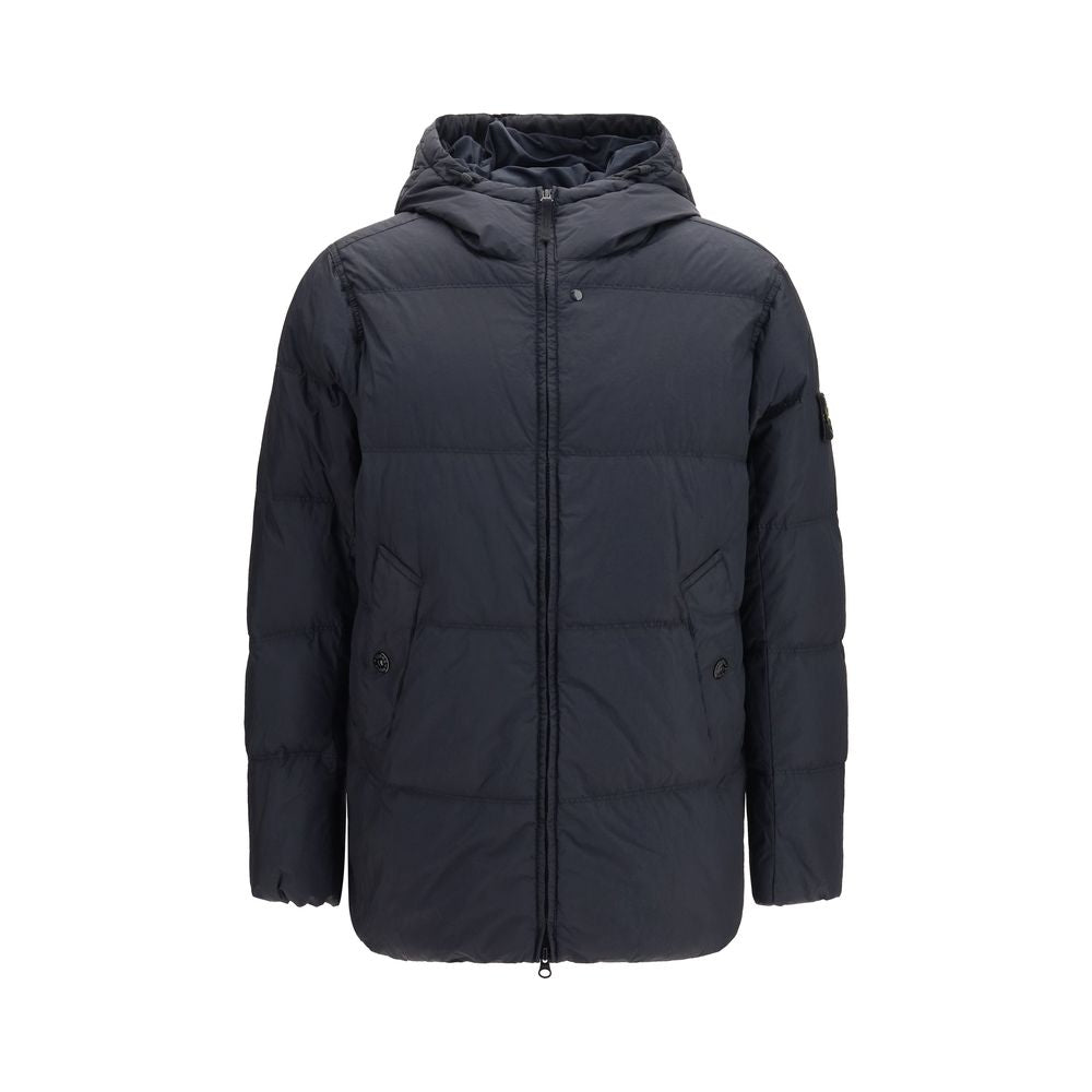 Hooded Puffer Jacket by Stone Island for men in nylon resin & goose-down blue & signature showcases a bohemian silhouette, artfully detailed with a bohemian hooded neckline and signature lightweight, pockets, hooded & insulated for a truly bohemian finish.