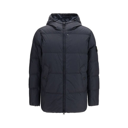 Hooded Puffer Jacket by Stone Island for men in nylon resin & goose-down blue & signature showcases a bohemian silhouette, artfully detailed with a bohemian hooded neckline and signature lightweight, pockets, hooded & insulated for a truly bohemian finish.