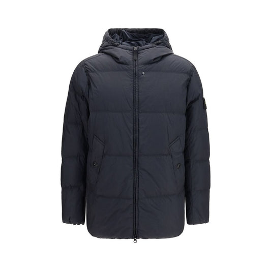 Hooded Puffer Jacket by Stone Island for men in nylon resin & goose-down blue & signature showcases a bohemian silhouette, artfully detailed with a bohemian hooded neckline and signature lightweight, pockets, hooded & insulated for a truly bohemian finish.