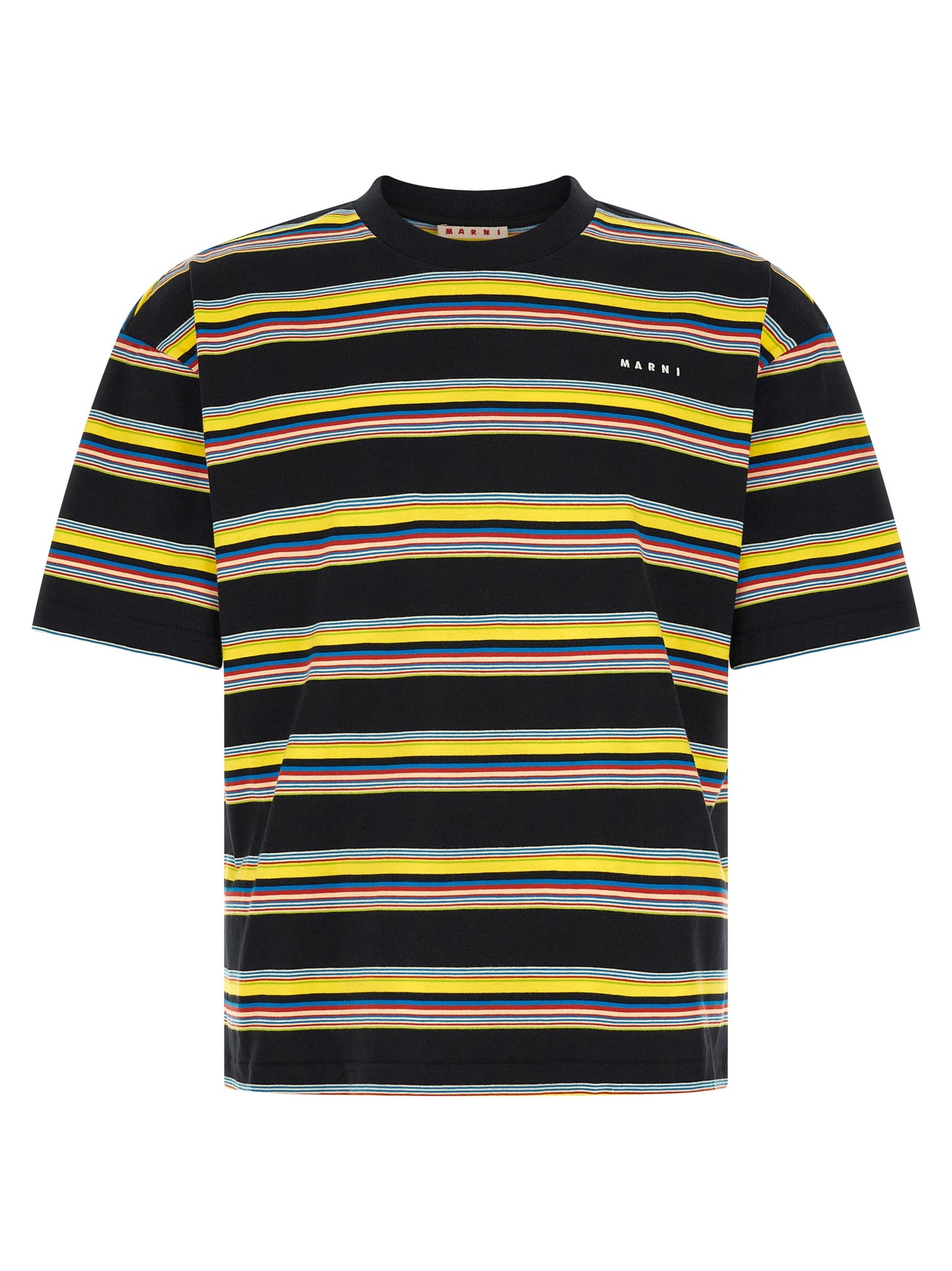 T-Shirt by Marni for men in cotton black, multicolor & striped features an on trend silhouette, perfectly showcasing a on trend and crew neckline for an elevated aesthetic.