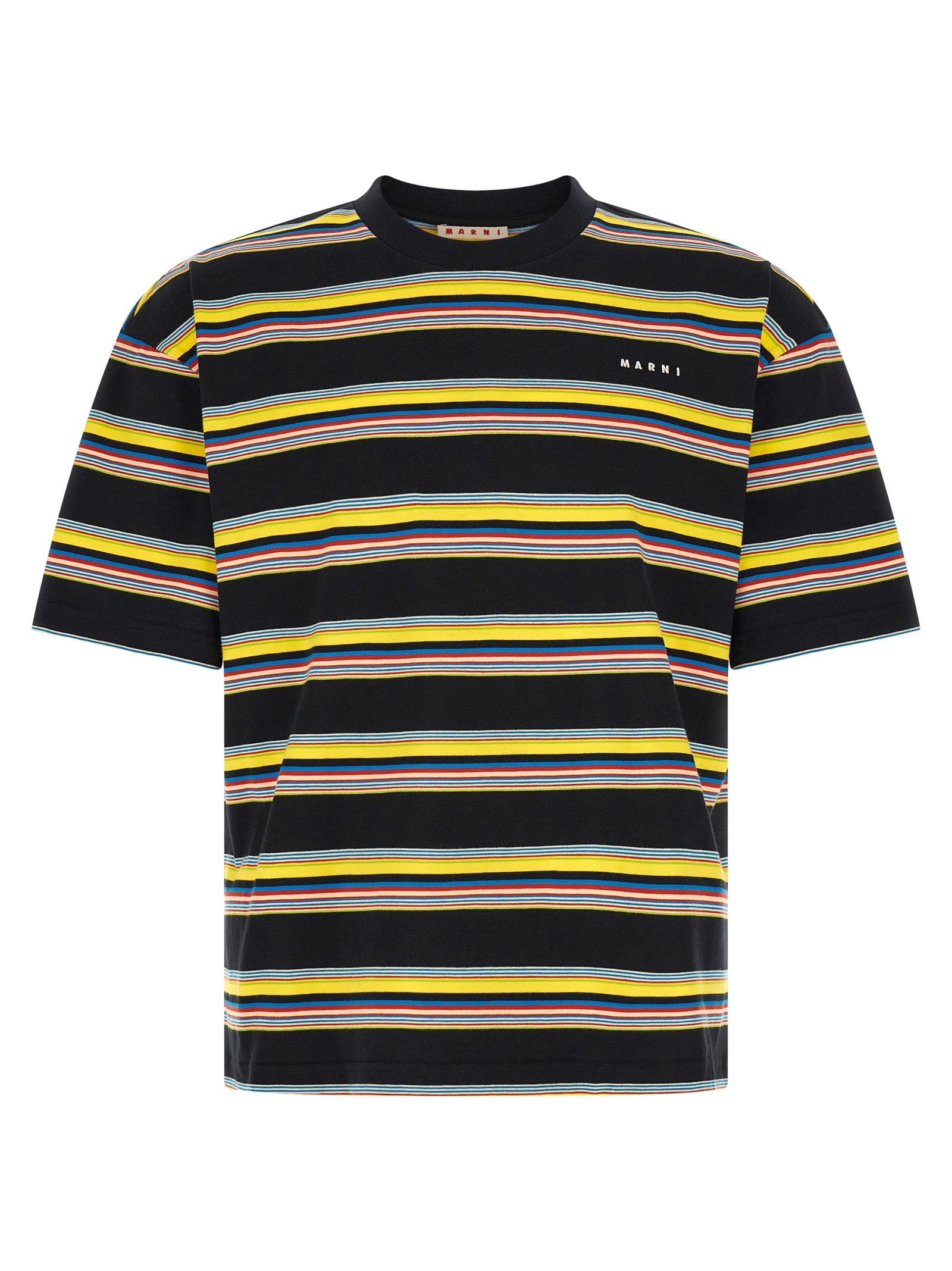 T-Shirt by Marni for men in cotton black, multicolor & striped features an on trend silhouette, perfectly showcasing a on trend and crew neckline for an elevated aesthetic.