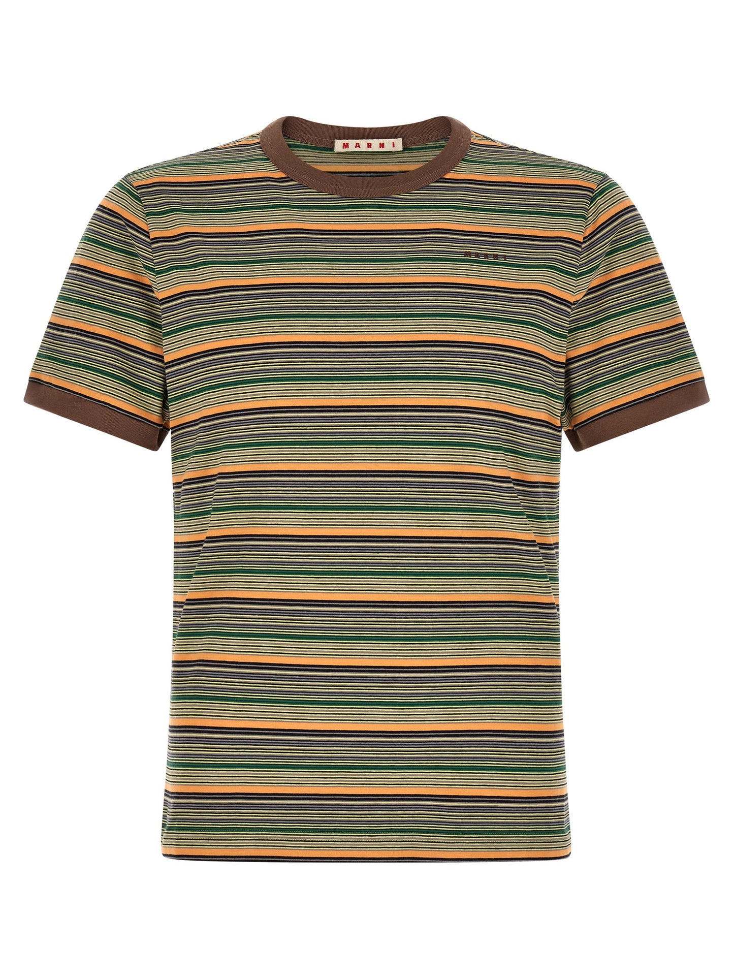 T-Shirt by Marni for men in cotton brown, multicolor & striped showcases a dramatic silhouette, elegantly detailed with a dramatic crew neckline and for a truly dramatic finish.