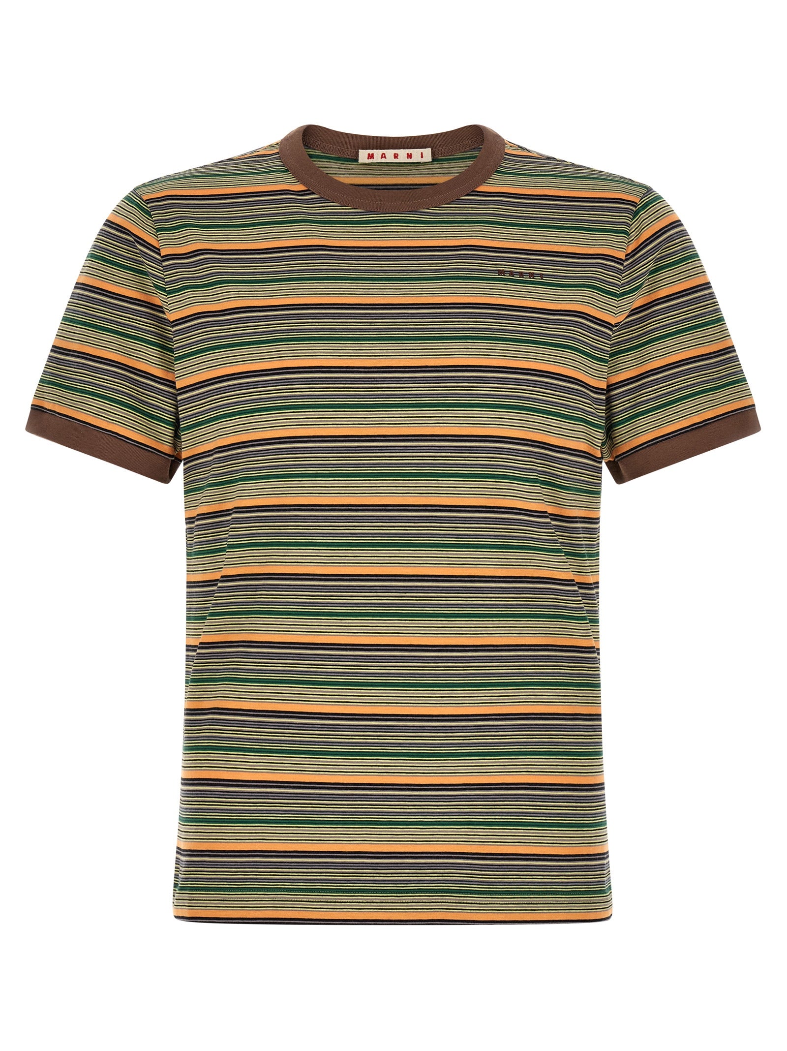 T-Shirt by Marni for men in cotton brown, multicolor & striped showcases a dramatic silhouette, elegantly detailed with a dramatic crew neckline and for a truly dramatic finish.