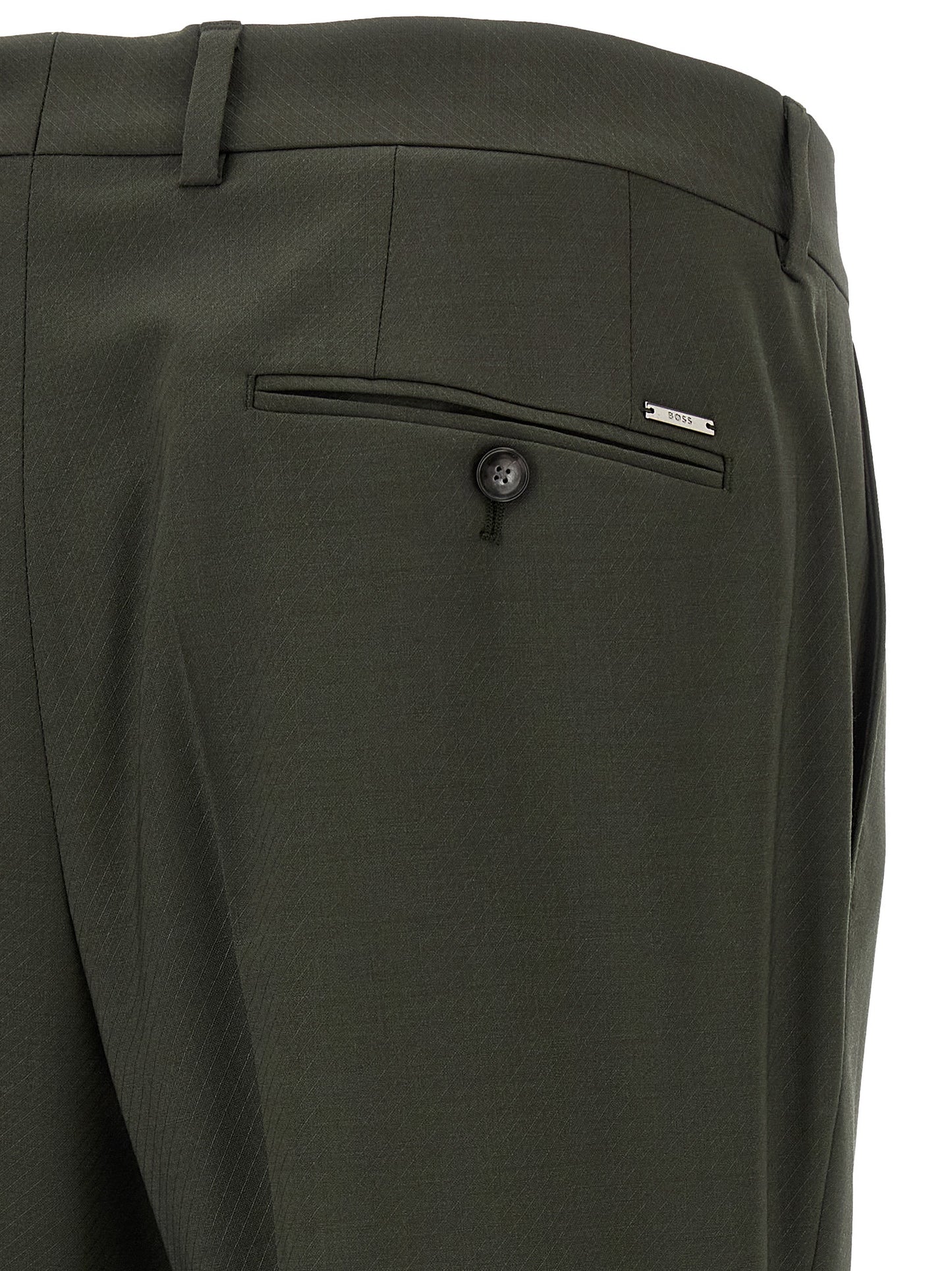 Pants by Hugo Boss for men in virgin wool bicolour & green features a utilitarian with a utilitarian long and to create a sophisticated, premium look.