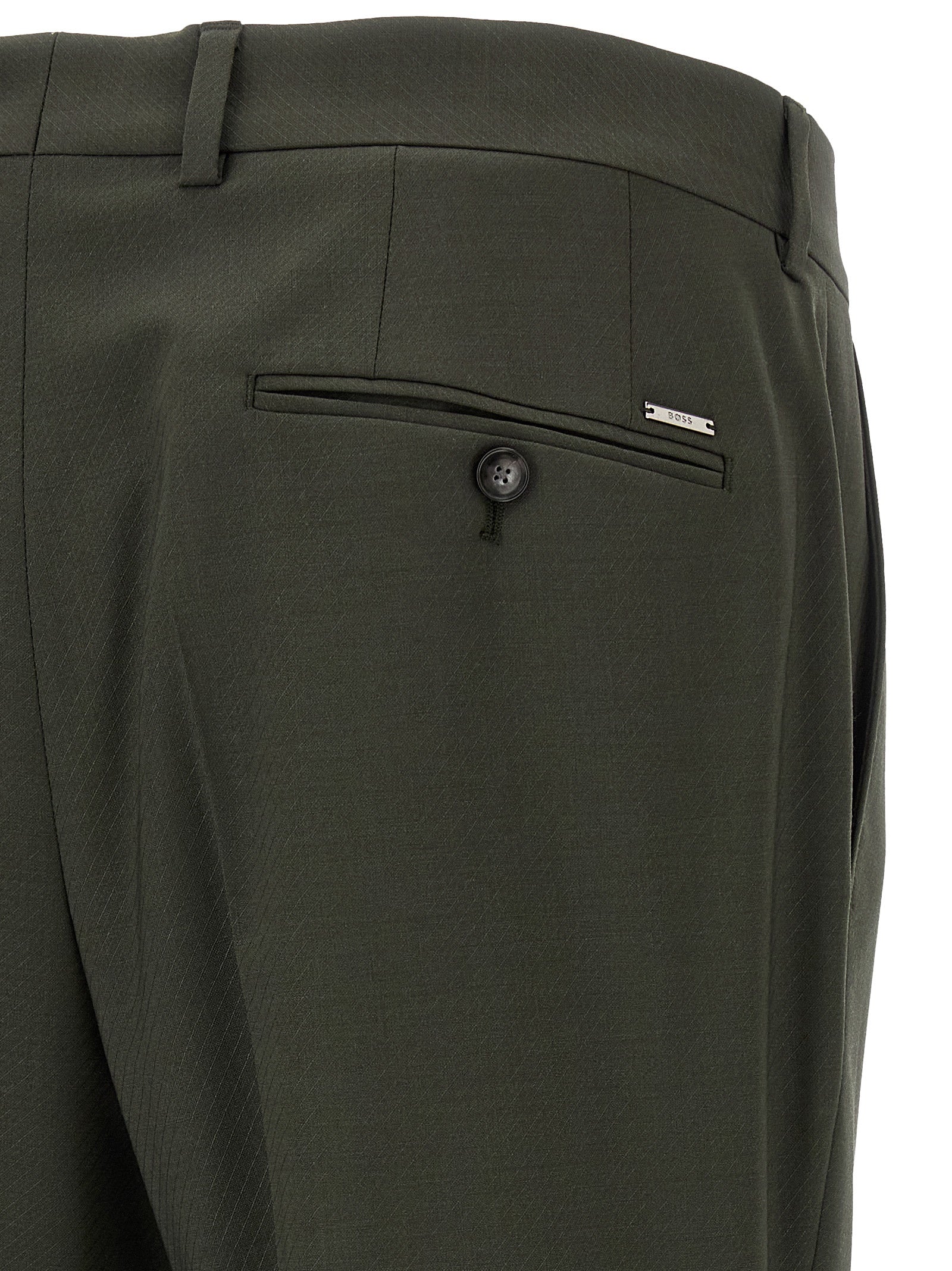 Pants by Hugo Boss for men in virgin wool bicolour & green features a utilitarian with a utilitarian long and to create a sophisticated, premium look.